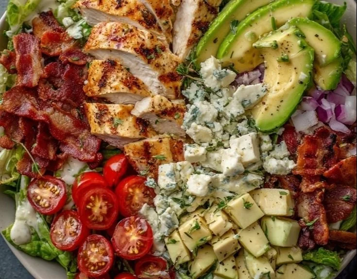 Savory BLT chicken salad with bacon, lettuce, and grilled chicken served in a bowl.