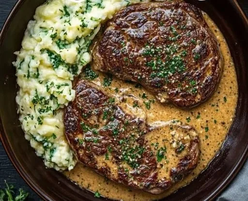 Savory Gaelic Irish Steaks with whiskey cream sauce and colcannon side dish