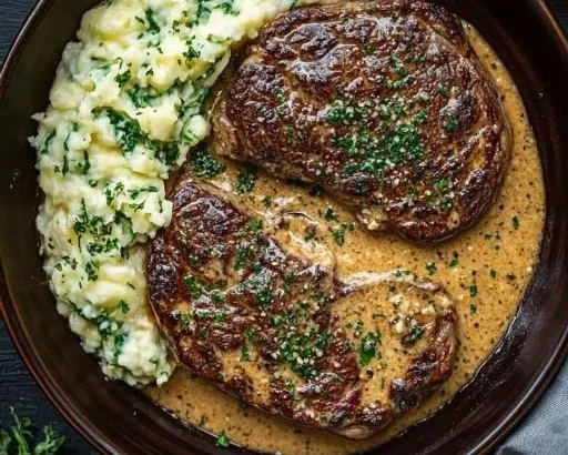 Savory Gaelic Irish Steaks served with whiskey cream sauce and colcannon.