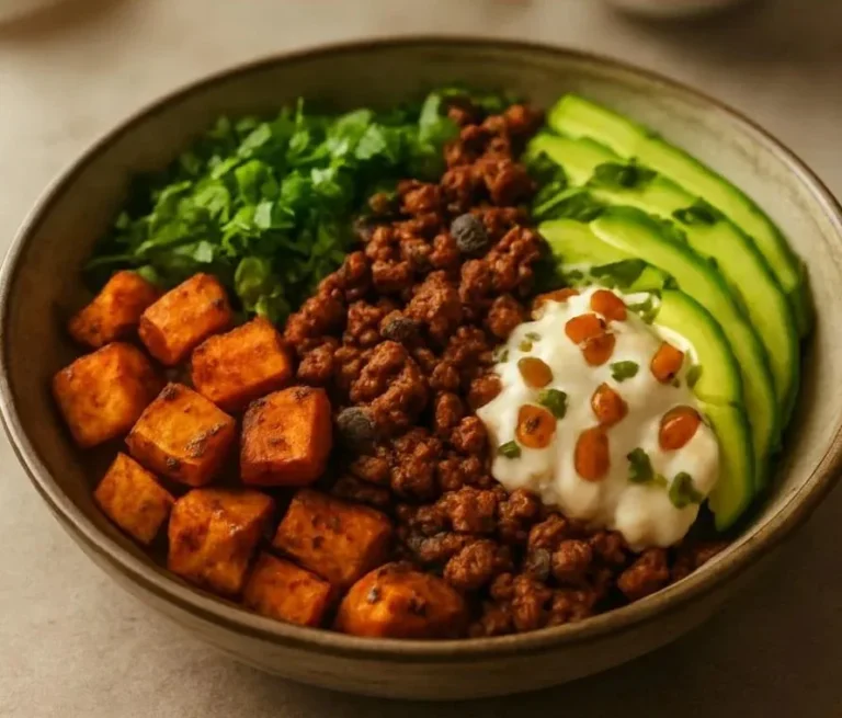 Savory Ground Beef Hot Honey Bowl topped with fresh ingredients