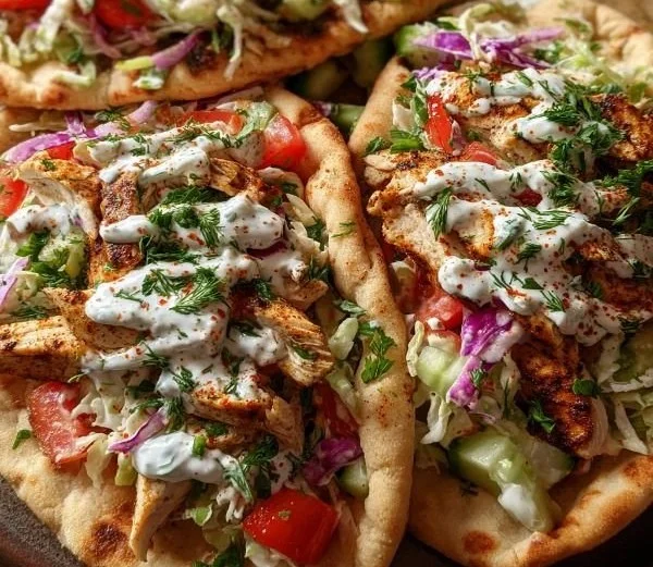 Sheet Pan Chicken Pitas with Fresh Herb Ranch Slaw on a plate