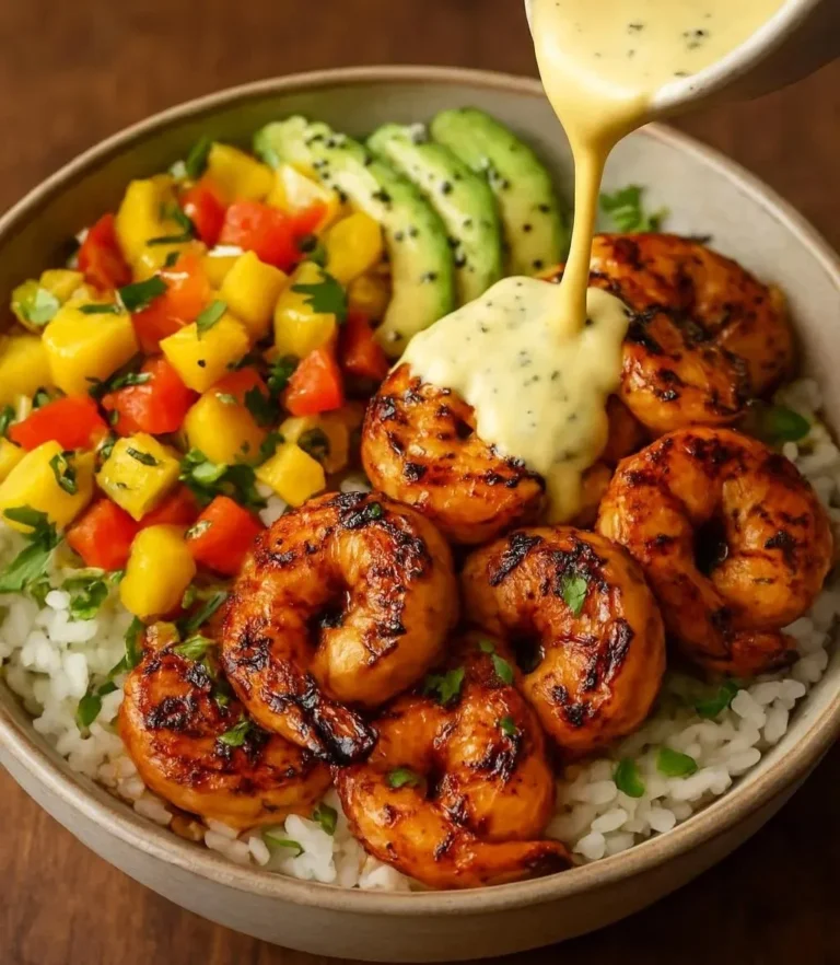 Shrimp avocado bowl with mango salsa and lime-chili sauce