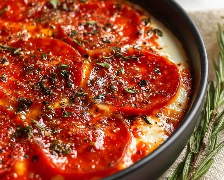 Cottage cheese pizza bowl topped with fresh tomatoes and basil