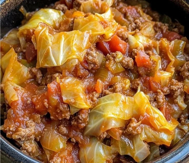 Slow cooker unstuffed cabbage rolls served in a bowl with fresh herbs