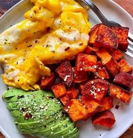 Soft Scramble and Roasted Sweet Potato Plate recipe from The Feedfeed