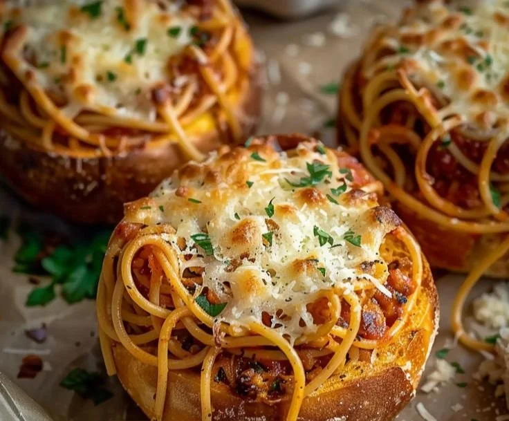 Spaghetti Garlic Bread Bowl filled with flavorful spaghetti and topped with herbs.