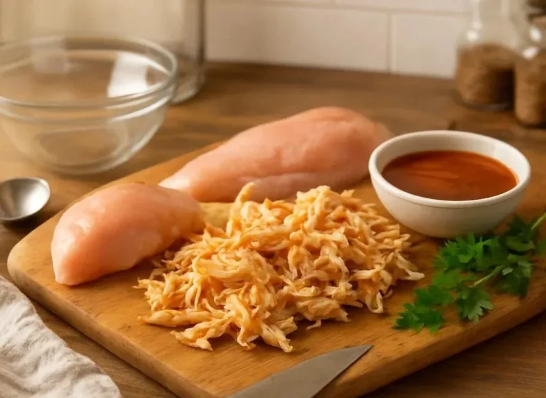 Spicy buffalo chicken sliders served on a platter with pickles and dipping sauce.