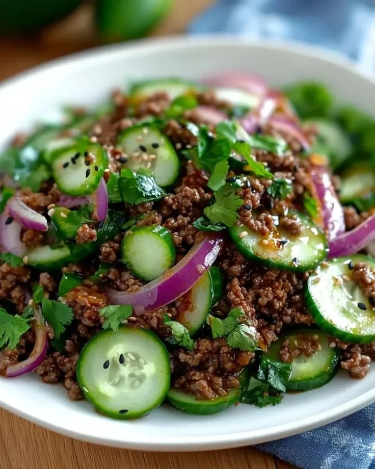 Plate of spicy Korean ground beef served with cucumber salad