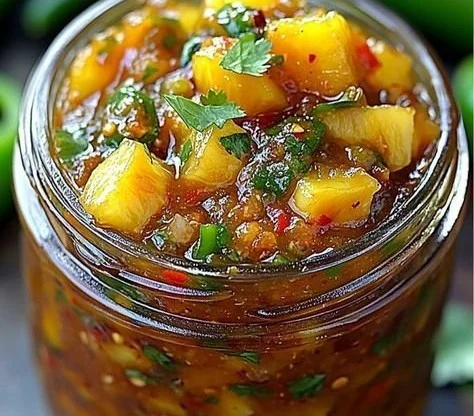 A jar of spicy pineapple jalapeño chutney next to fresh pineapples and jalapeños.