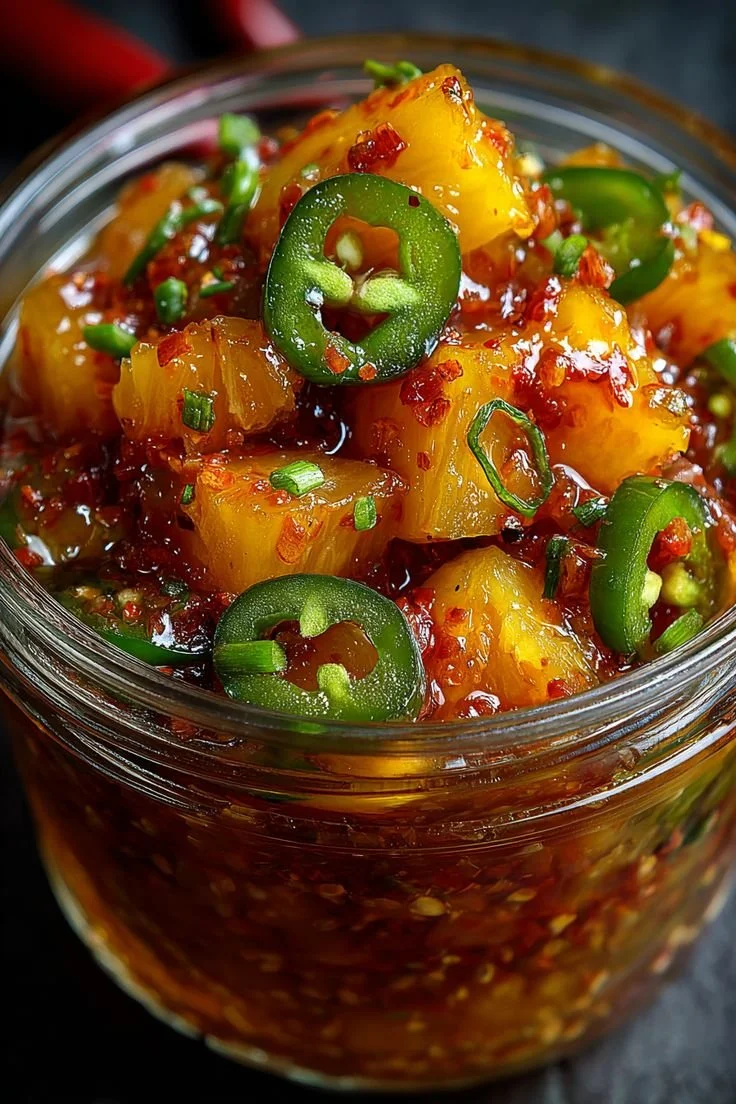 Spicy pineapple jalapeño chutney in a jar with fresh ingredients