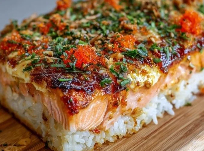 Delicious spicy salmon sushi bake topped with green onions and spicy mayo