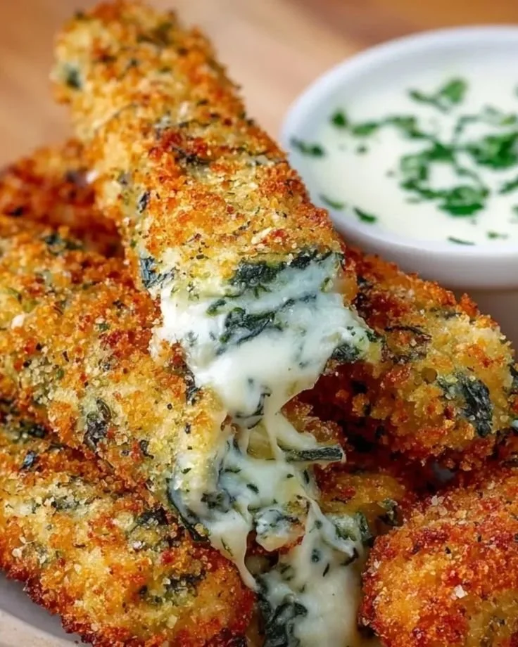 Delicious spinach dip mozzarella sticks served with a creamy dip