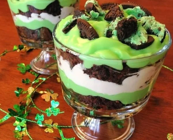 Delicious St. Patrick's Day Brownie Trifle dessert in a glass