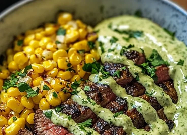 Steak Bowl with avocado, roasted corn, and cilantro cream sauce for a flavorful meal.