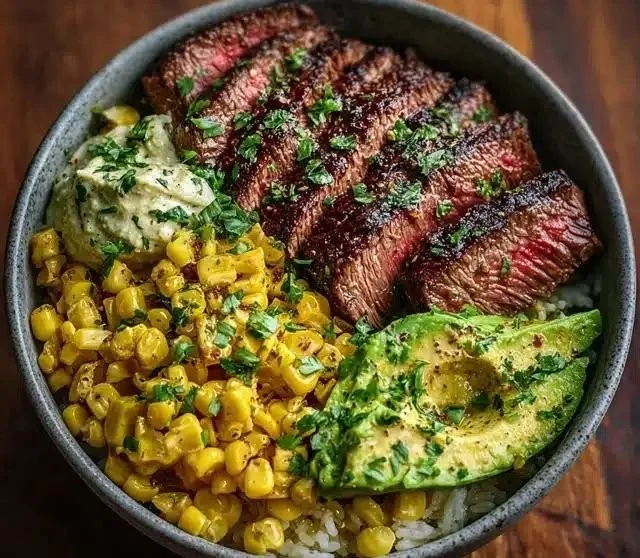 Delicious Steak Avocado Corn Bowl with fresh ingredients and vibrant colors
