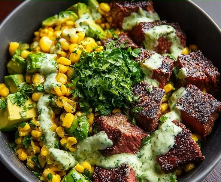 Steak avocado roasted corn bowl with fresh ingredients