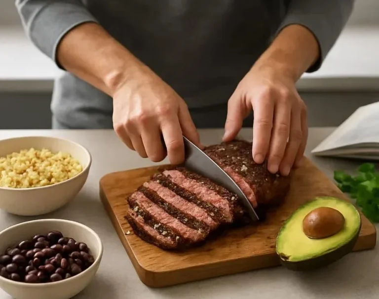 Healthy Steak Quinoa Bowl topped with vegetables and garnished for flavor.