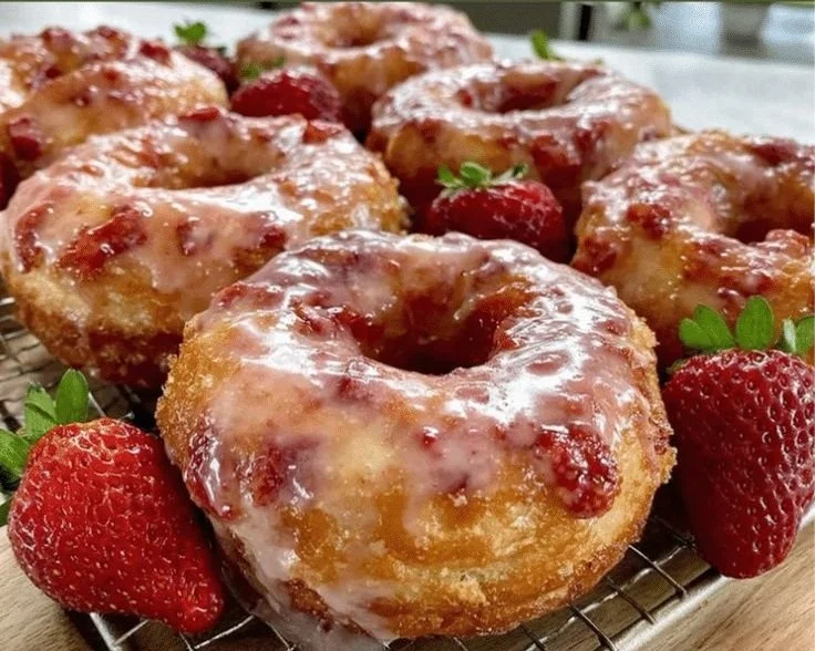 Strawberry buttermilk doughnuts with a pink glaze and fresh strawberries on top.