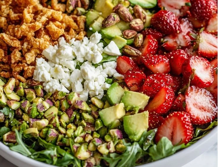 Bowl of colorful Strawberry Crunch Salad with fruits and crunchy toppings