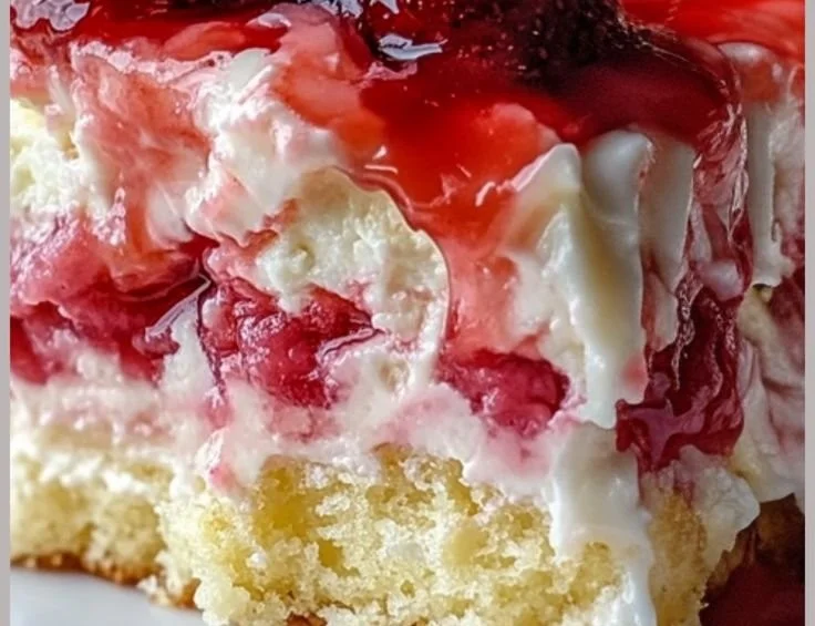 Delicious and moist Strawberry Earthquake Cake topped with strawberries and cream.