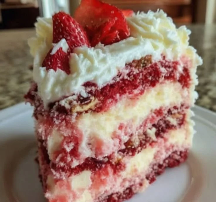 Slice of Strawberry Earthquake Cake with strawberries and cream cheese filling