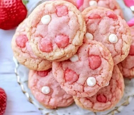 Delicious strawberry milkshake cookies with pink frosting and sprinkles