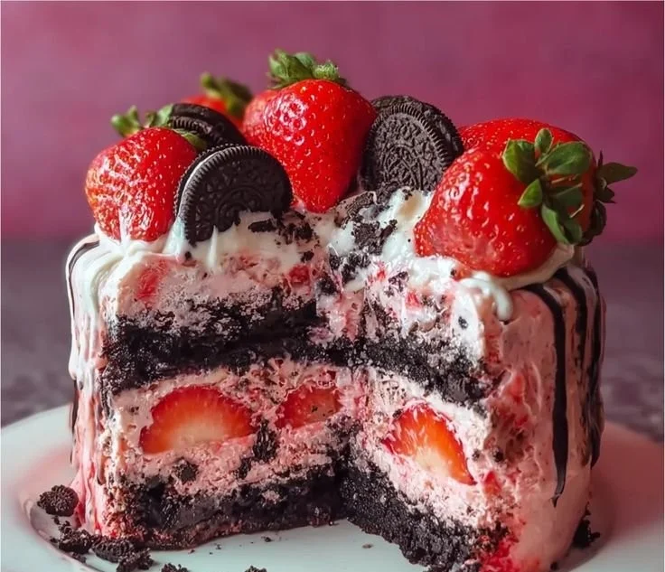 Strawberry Oreo Cake with Cookies and Cream Icing