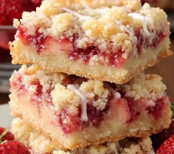 Delicious strawberry shortcake bars ready to enjoy, topped with fresh strawberries.