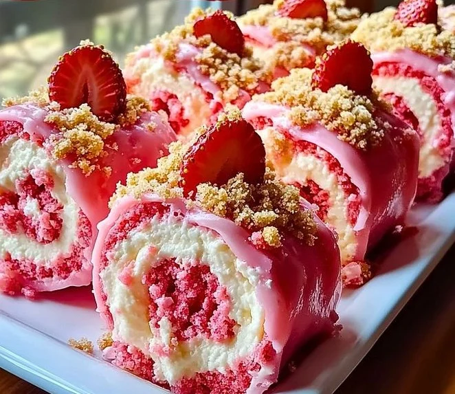 Delicious Strawberry Shortcake Cheesecake Rolls served on a plate