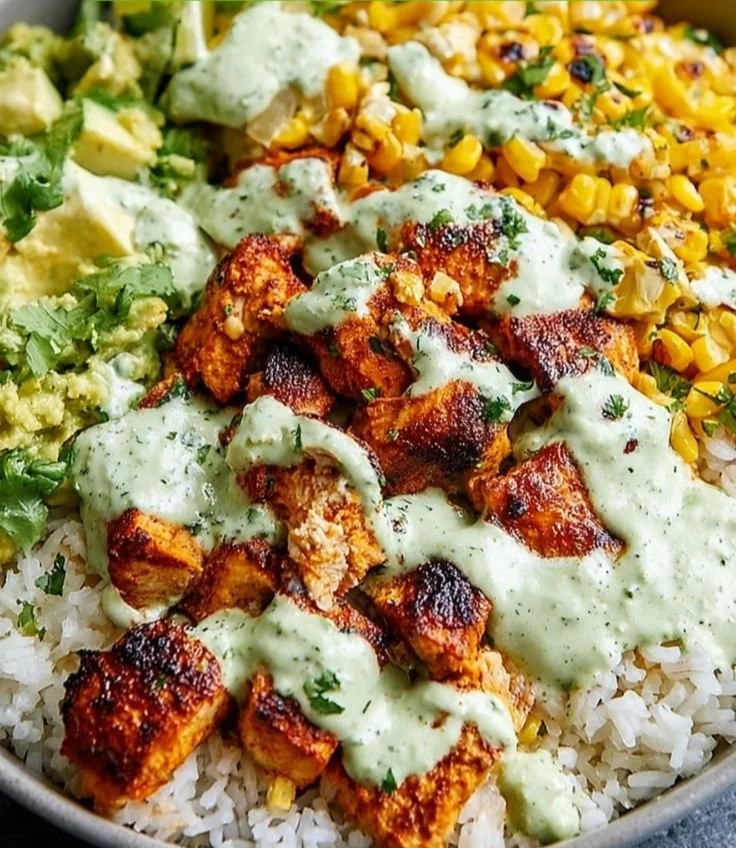 Delicious Street Corn Chicken Rice Bowl topped with fresh ingredients