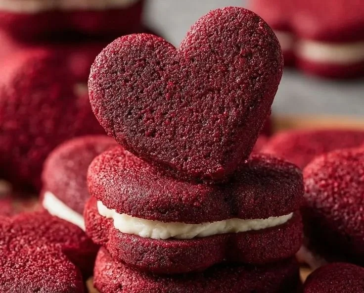Stuffed heart-shaped red velvet cookies with a creamy filling