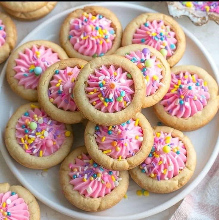 Delicious sugar cookie cups filled with colorful sprinkles and frosting.