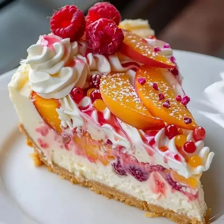Summer Berry and Peach Cheesecake garnished with fresh fruits