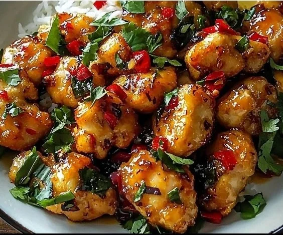 Plate of sweet and spicy Thai chicken garnished with herbs and spices.