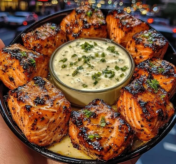Delicious sweet chili salmon bites served with lime yogurt dip