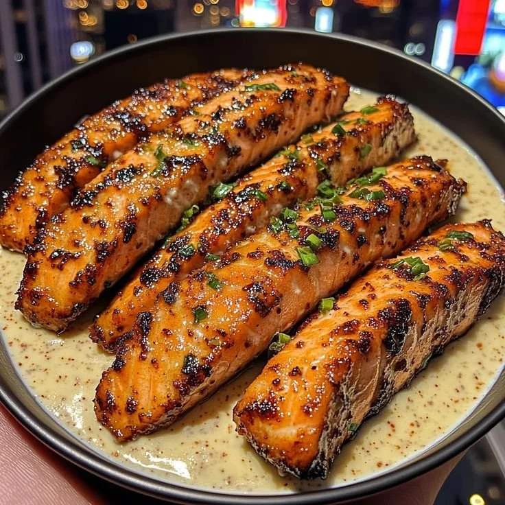 Sweet Chili Salmon Strips served with Coconut Yogurt Sauce on a plate