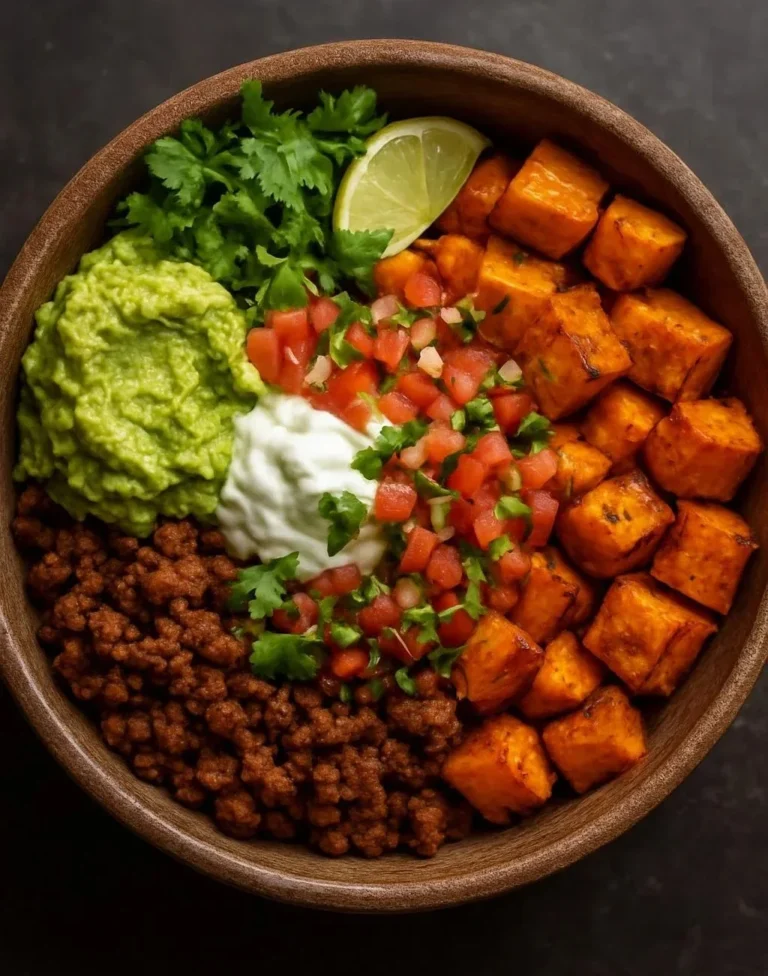 Colorful Sweet Potato Taco Bowl with fresh vegetables and toppings
