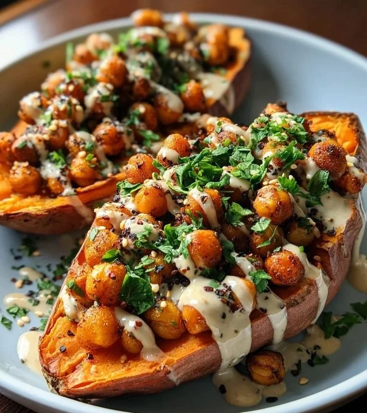Sweet potatoes topped with tahini butter chickpeas on a plate