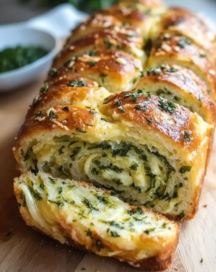 Freshly baked swirled garlic herb and cheese bread on a wooden table