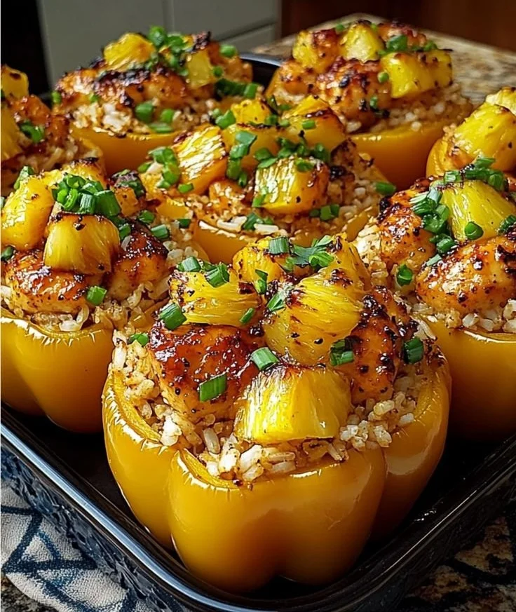 Teriyaki pineapple chicken and rice stuffed peppers on a plate
