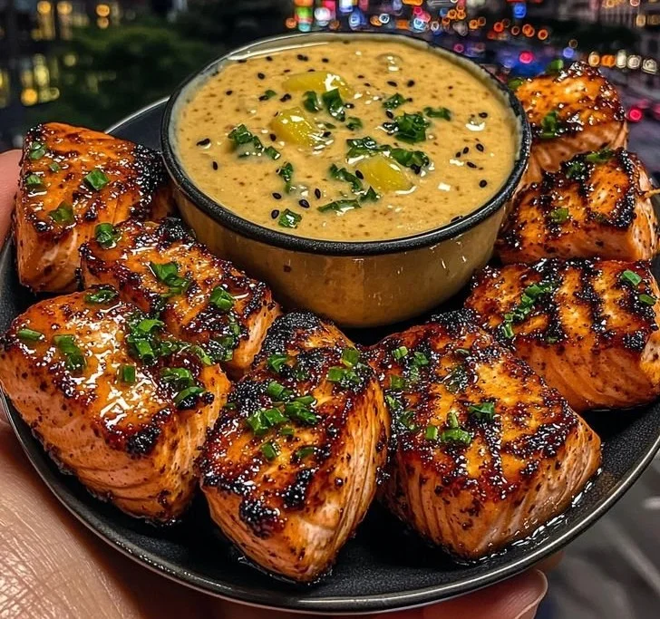 Teriyaki salmon bites served with creamy pineapple dip on a plate