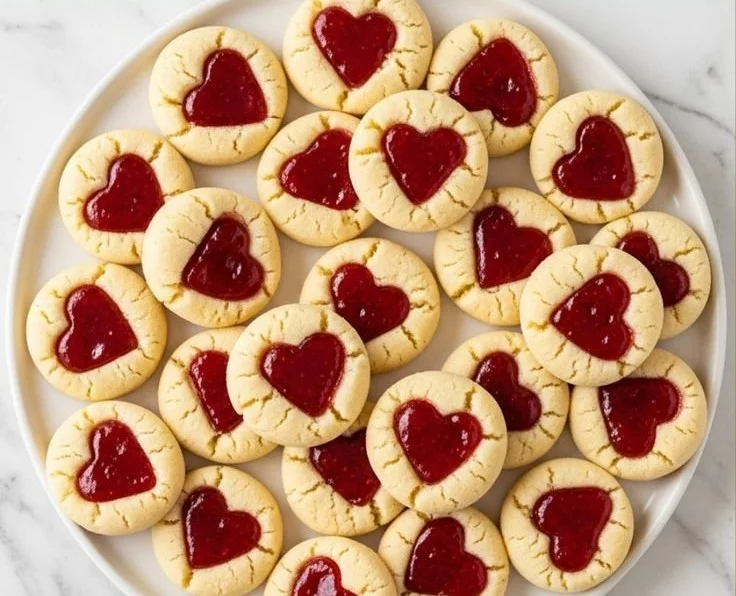 Delicious homemade thumbprint heart cookies filled with jam.