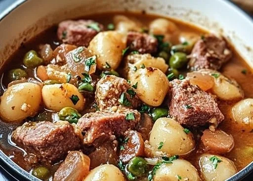Bowl of traditional Dublin Coddle with sausages and potatoes