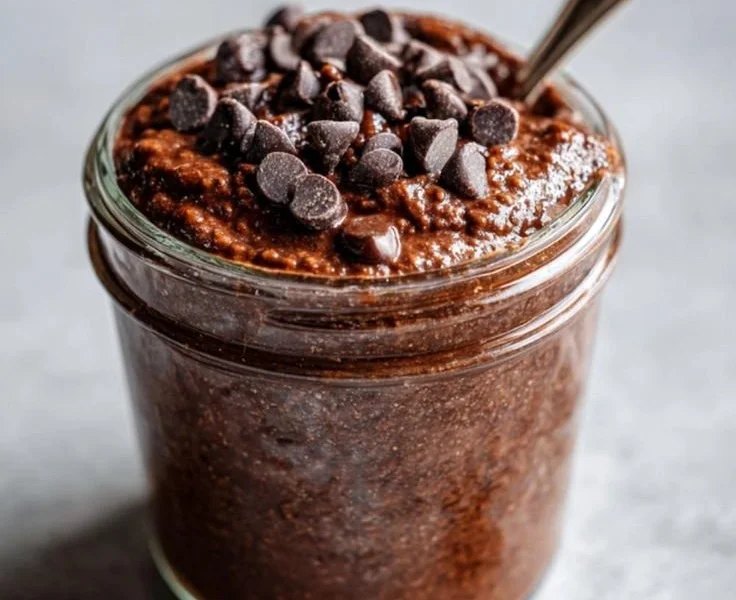 Bowl of healthy chocolate overnight oats topped with berries and nuts