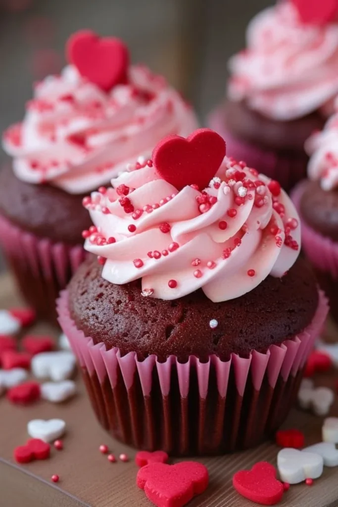 Delicious Valentine's Day cupcakes decorated with heart designs and sprinkles.