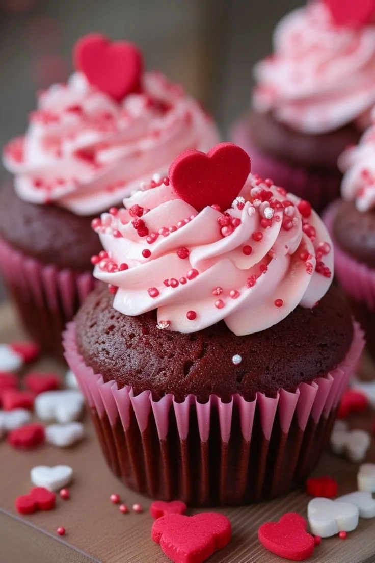 Delicious Valentine's Day cupcakes decorated with heart designs and sprinkles.