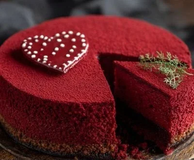 Delicious red velvet cheesecake garnished with whipped cream for Valentine's Day