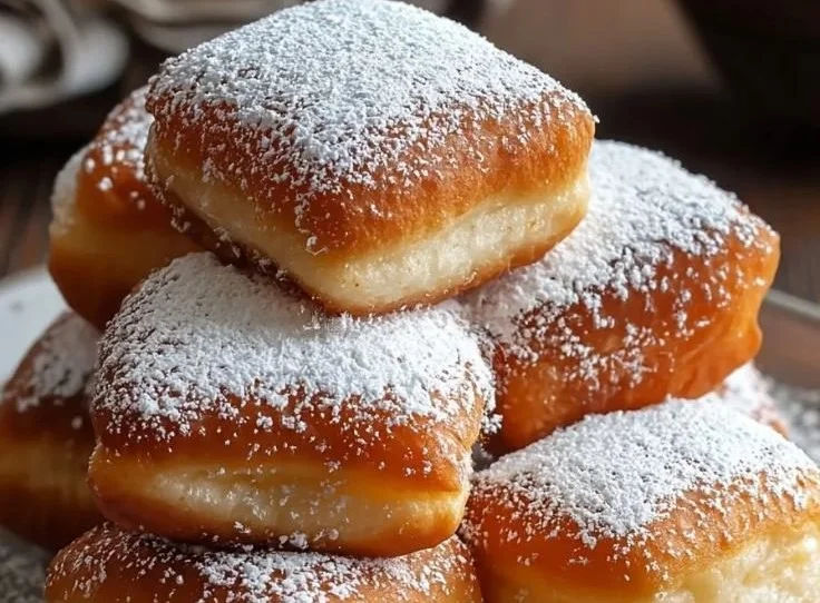 Delicious Vanilla French Beignets dusted with powdered sugar on a plate.
