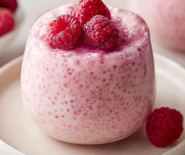 A bowl of vanilla raspberry chia pudding topped with fresh raspberries and mint.