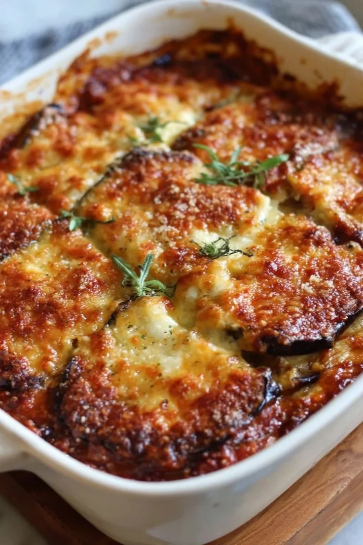 Delicious Vegetarian Ricotta Eggplant Casserole served in a baking dish